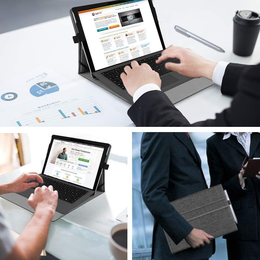 Case for Microsoft Surface Pro 7 Plus, Surface Pro 7/6/5/4/3 12.3 Inch Tablet - Multiple Angle Viewing Portfolio Business Cover, Compatible W/Type Cover Keyboard, De-Charcoal