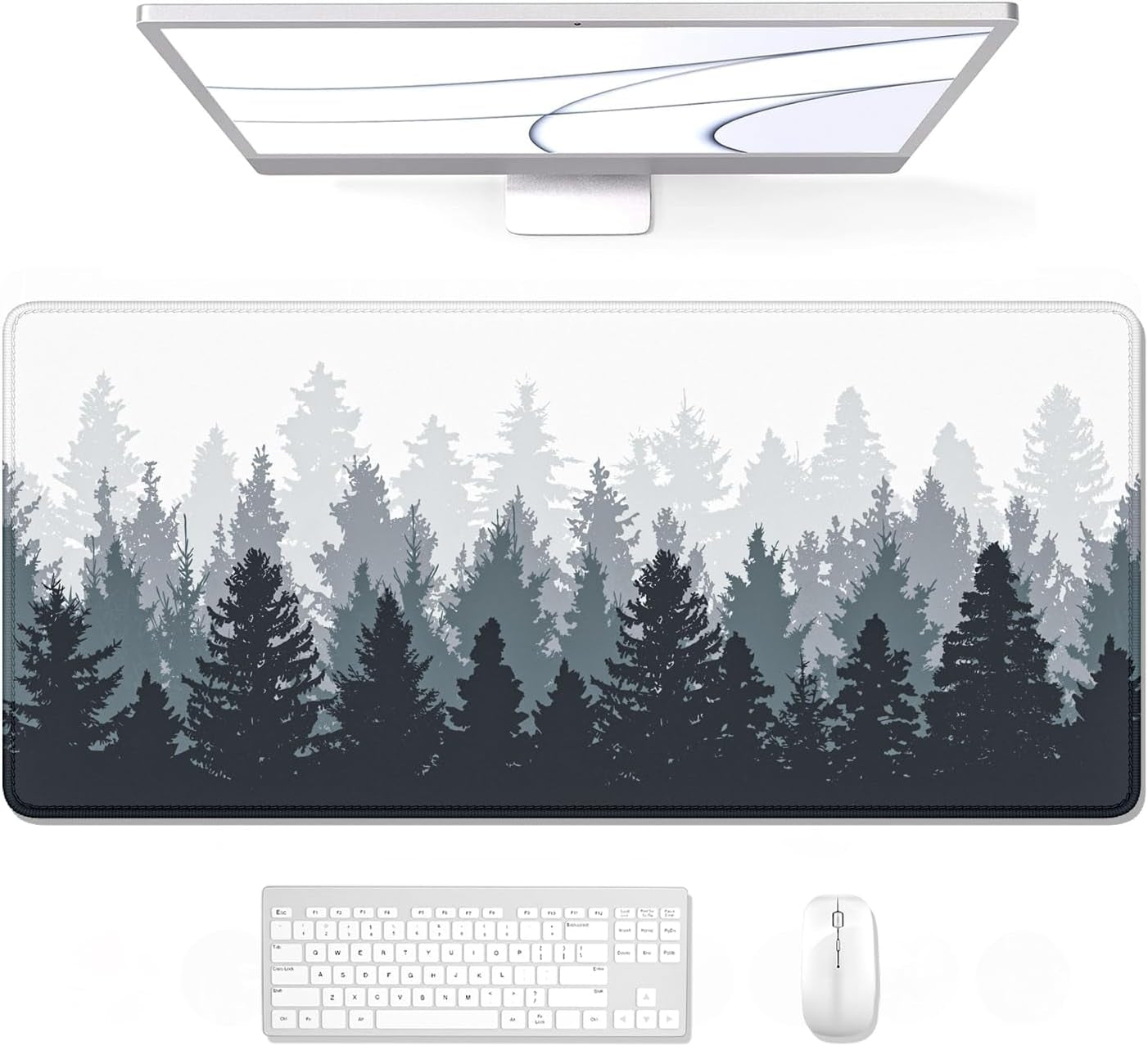 Large Gaming Mouse Pad, Forest Theme XXL 35.4 X 15.7 in Desk Pad Stitched Non-Slip Rubber Long Computer Mousepad Thin Extended Full Size Desk Mat for Desktop, Laptop, Wireless Mice, White