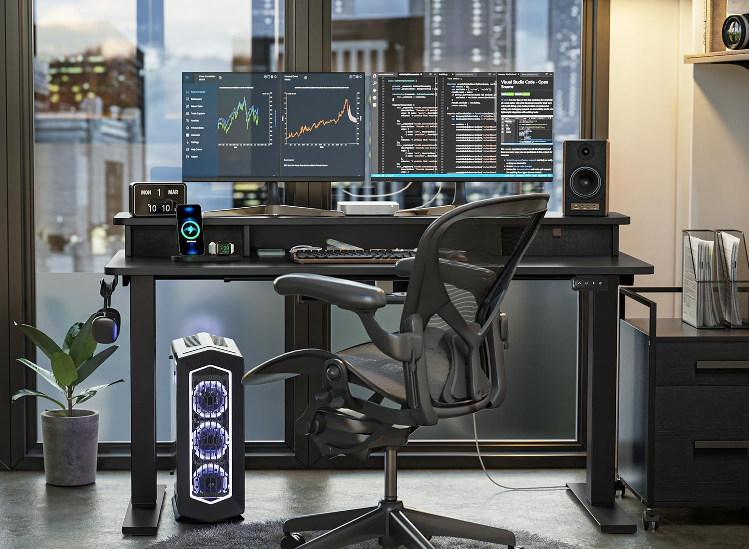 60 X 24 Inch Height Adjustable Electric Standing Desk with Double Drawer, Stand up Desk with Storage Shelf, Sit Stand Desk, Black